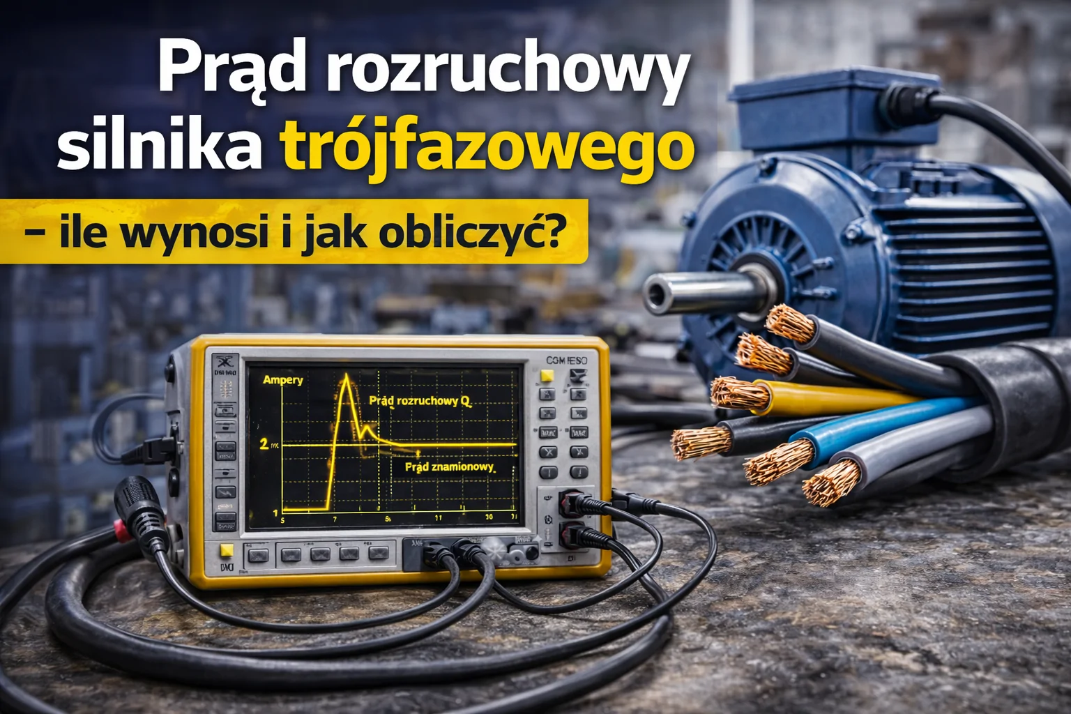Prąd rozruchowy silnika trójfazowego – wykres z oscyloskopu oraz silnik indukcyjny w środowisku przemysłowym